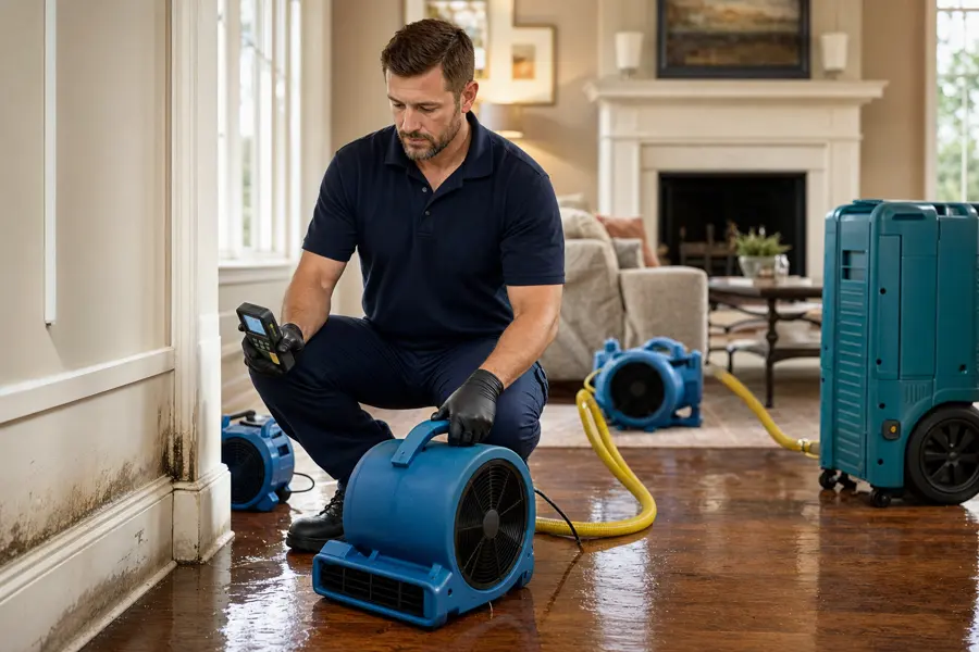 Water Damage Maple Grove technician drying a flooded Maple Grove, MN home with air movers
