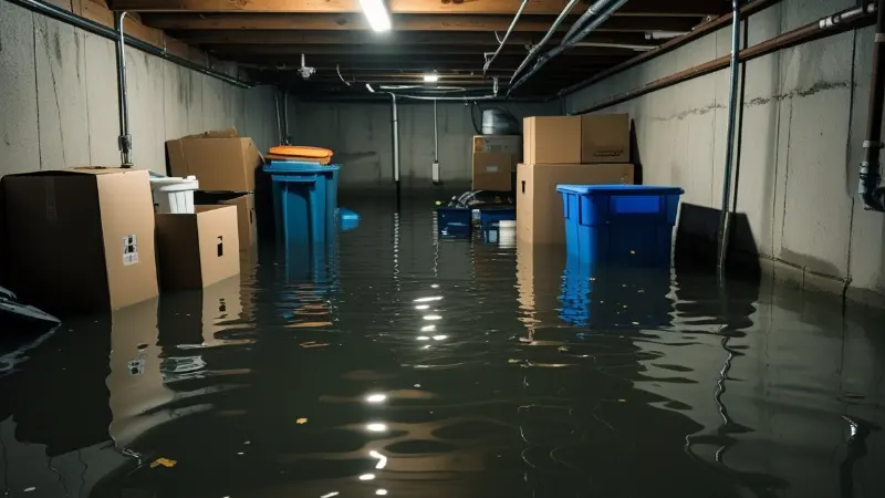 Flooded Maple Grove, MN basement being pumped and dried