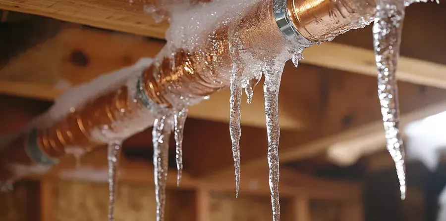 Frozen and split pipe with icicles in a Maple Grove, MN home